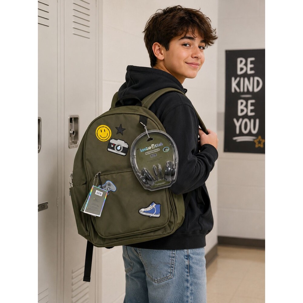 Locker Club Olive Green Backpack Set w/ Headphones & Pencil Pouch – Emoji Patch